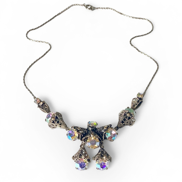 Vintage Czech Filigree Cone Aurora Borealis Rhinestone Silver Tone Necklace. - Picture 3 of 7